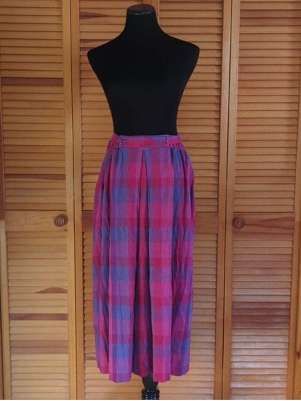 Vintage Christian Dior Purple Plaid Cotton Midi Skirt Sz 8 Elastic Waist POCKETS